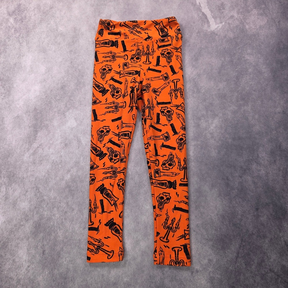 LuLaRoe Leggings Kids S/M Fits Size 2-8 Orange Halloween Skull Candle Spooky